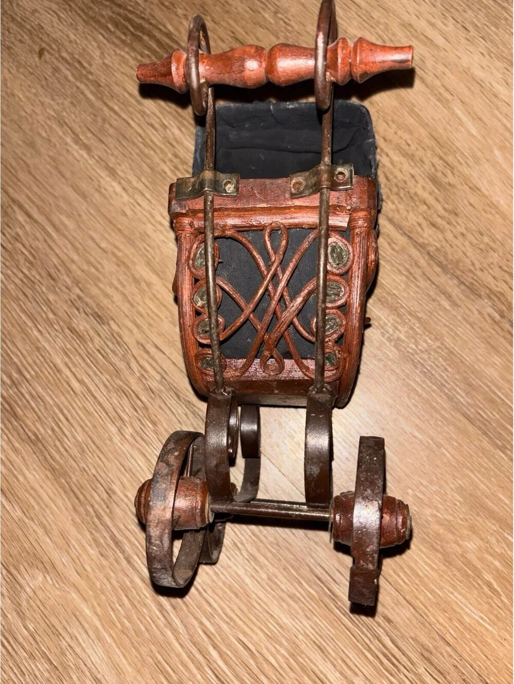 Vintage Miniature Baby Carriage Pram Wood Metal Wheels 11”